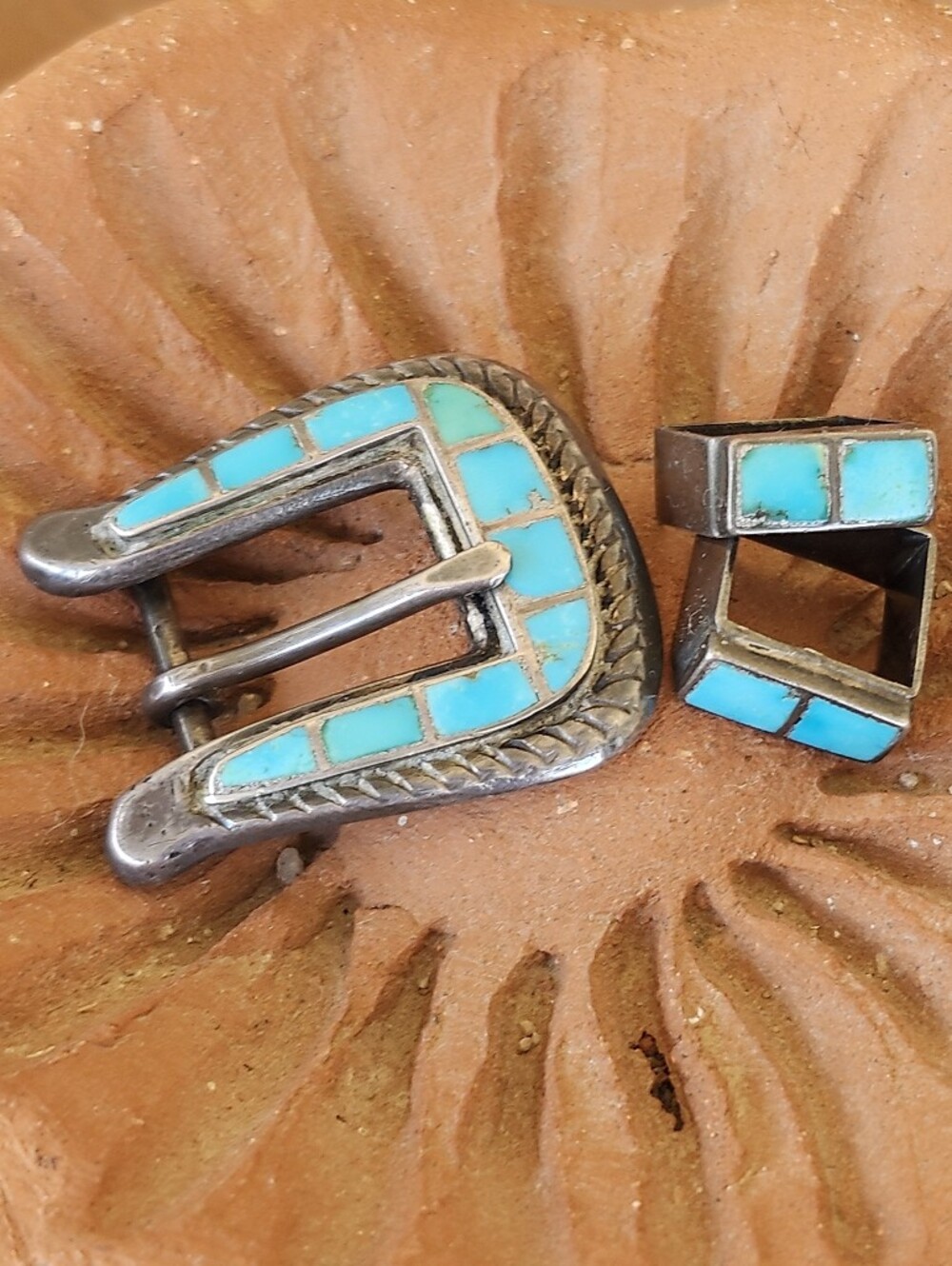 Vintage Native American Sterling Turquoise Ranger Belt Buckle & Loop Keeper Set